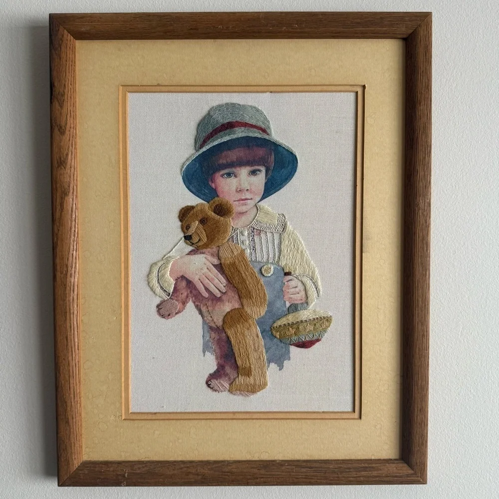 Vintage Embroidery Nursery Baby Art Wooden Framed Kid With Teddy Bear 16x20”